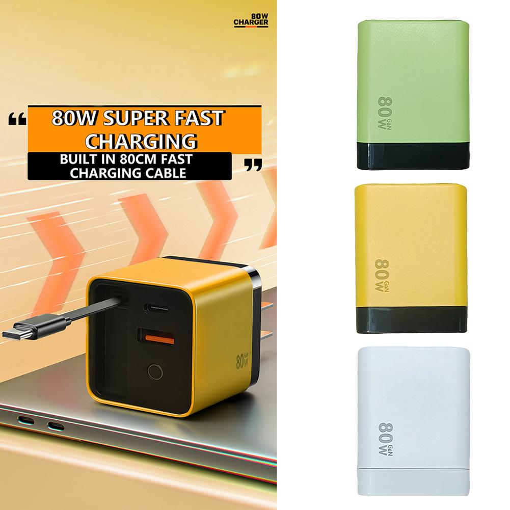 Portable 3 in 1 GaN Charger 80W MAX Retractabl with Cable 2USB Adapter Charger Cha M9C2