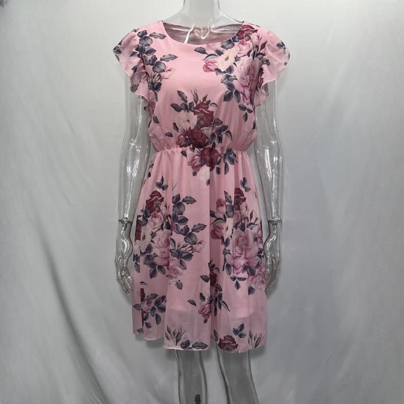 IHUASU Summer Holiday Style Ruffle Short Sleeve Chiffon Printed Rose Dress