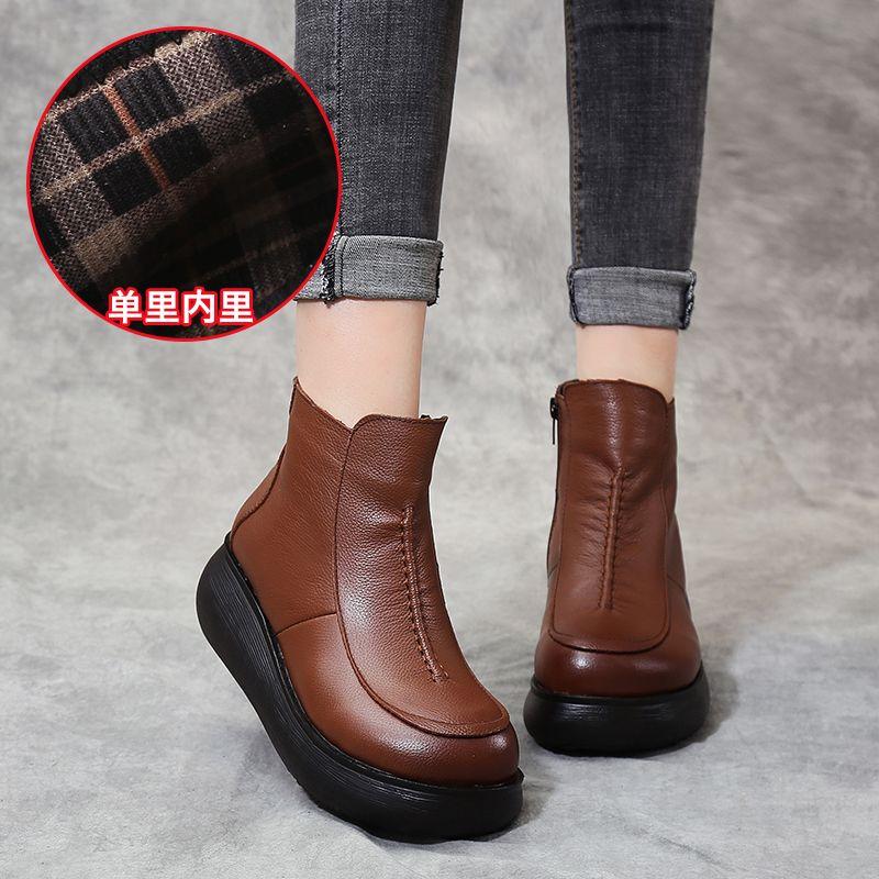 Classic Black Cow Leather Boots Ankle Fur Sneakers Woman Waterproof Platform Rain Boots Round Toe High Heeled Ankle Snow Shoes