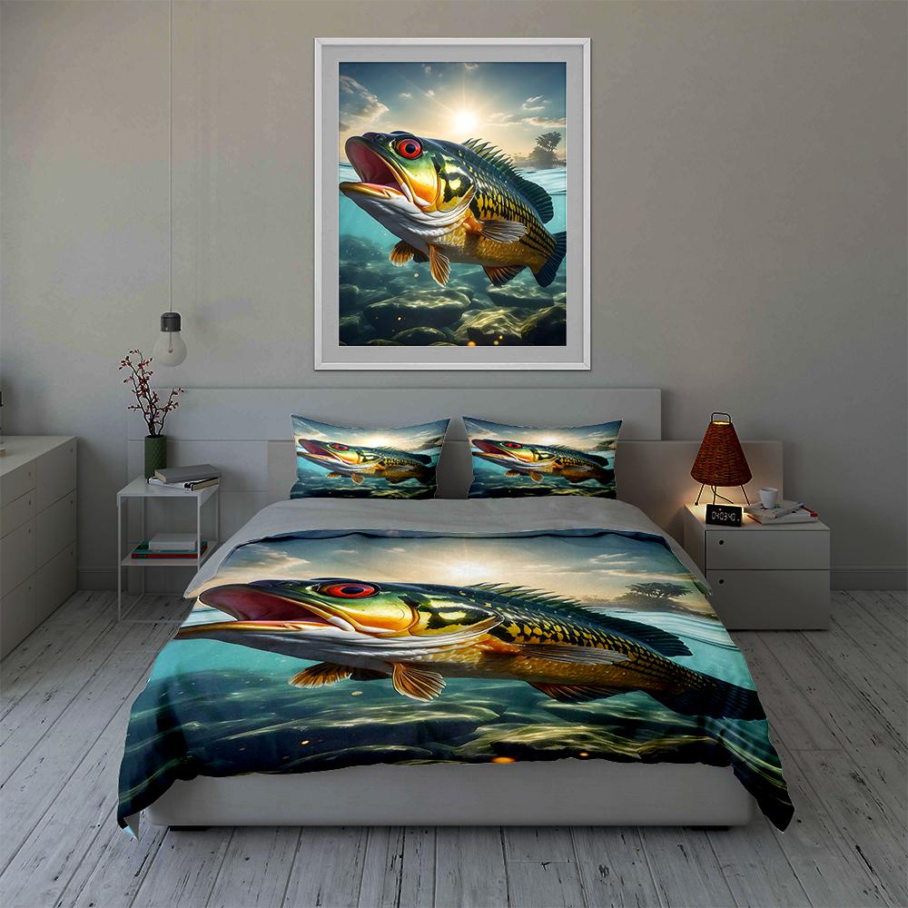 Largemouth Bass Illustration Bedding Duvet Cover Sets Duvet Covers Pillowcases Gifts (1 * Duvet Cover 2 * Pillowcases, Without Duvet Insert)