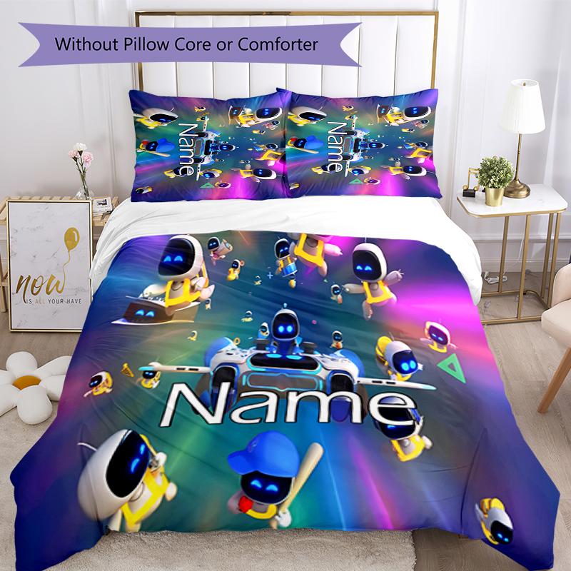 3pcs Custom Name Astro Bot Bedding Set Duvet Cover Closure Includes 1 Duvet Cover & 2 Pillowcases for All Seasons Bedroom Decor