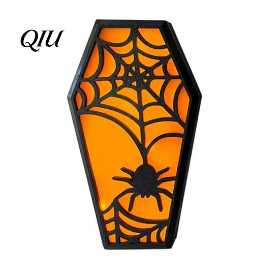 Halloween Ghost Spider Decoration Casket Decor, DIY Bat Ornament with Lights, Atmosphere Lighting Spooky Graveyard Scene Prop for Party