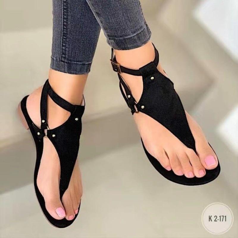 Women’s Thong Toe Buckle Strap Sandals, Flat Casual Beach Wear, Wide Size