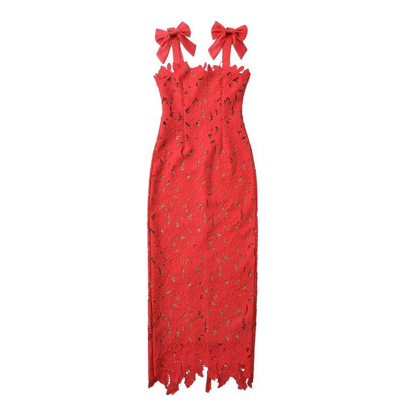 

Kaslead New Women clothes Western Style Fashion Simple Slimming Slim fit Lace Sling Dress Red L
