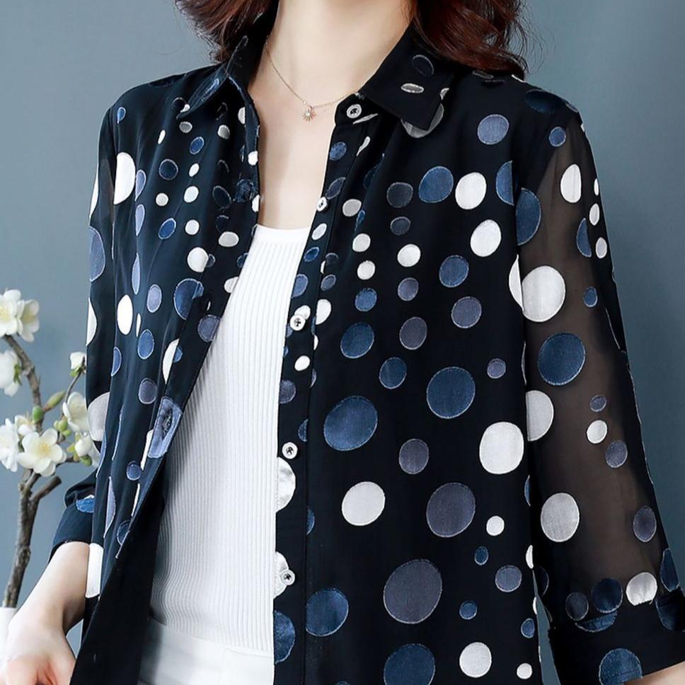 Chiffon Shirt Damen Lang Sommer Plus Polka Dot Lockeres T-Shirt Modisches Lockeres Freizeithemd