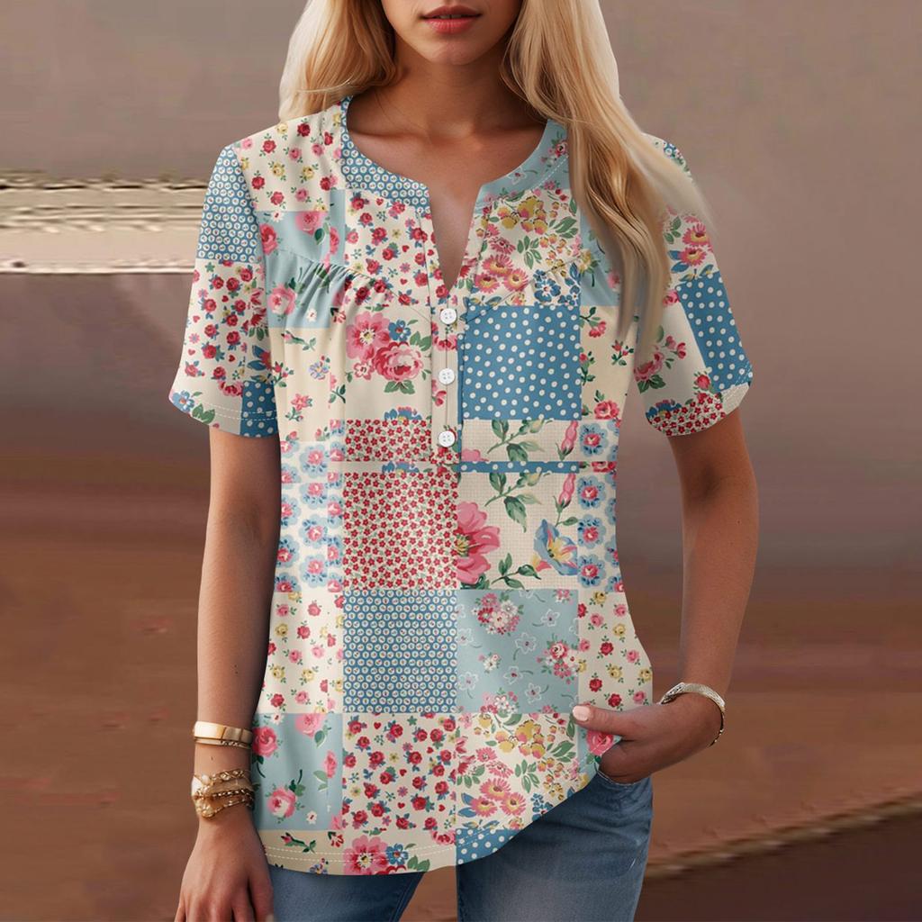 Damen-T-Shirt mit lässigem Blumendruck, V-Ausschnitt, kurzen Ärmeln und dekorativen Knöpfen