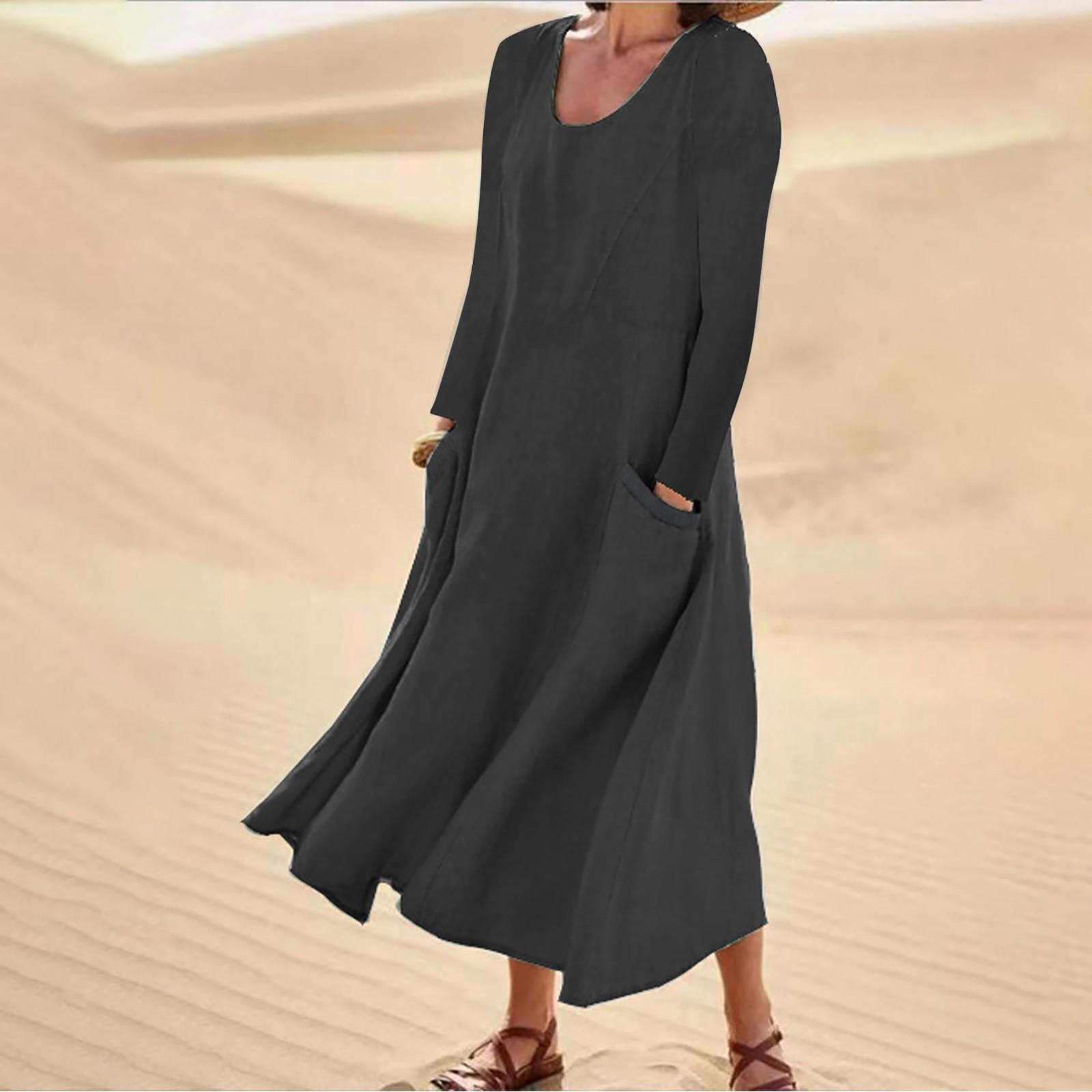 

Ladies Fashion Color Round Neck Pocket Long Sleeve Cotton Linen Loose Dress M чёрный