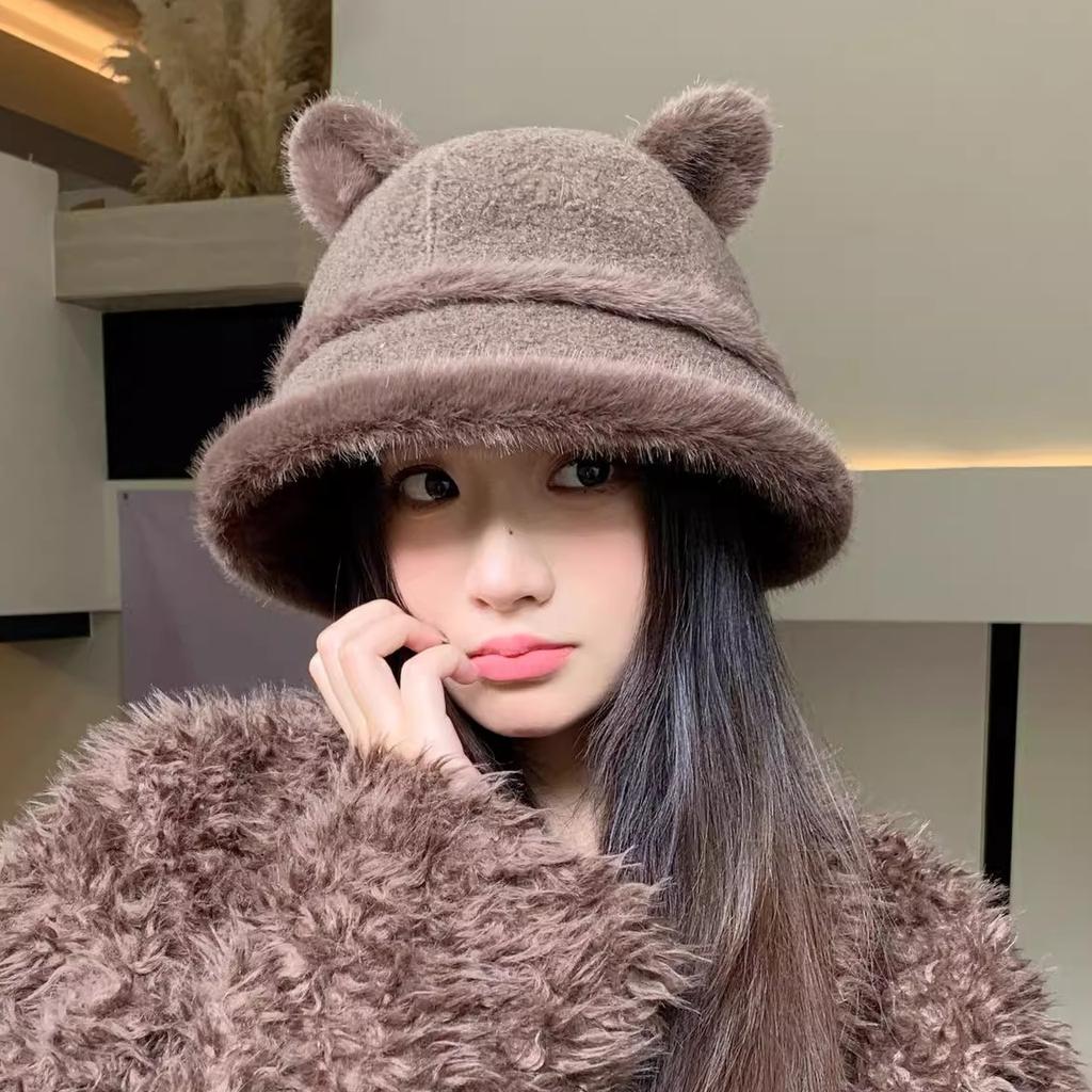 Autumn and Winter New Rabbit Fur Double Ball Basin Hat Cute Soft Cute Bear Ear Hat Women's Cold Bucket Hat