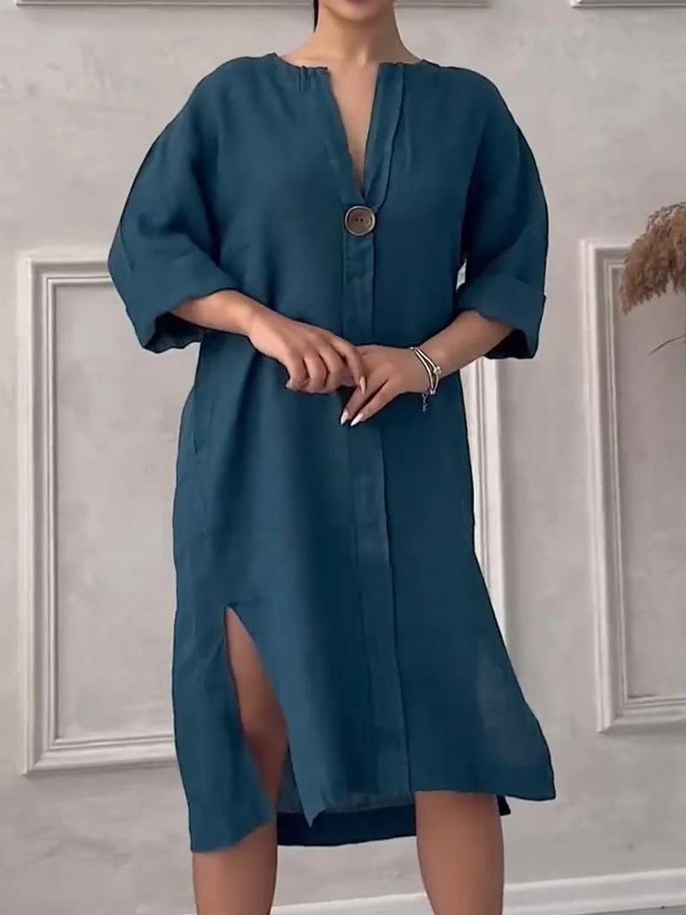 Women's New Cotton Linen Solid Color Casual Round Neck Button Long Dress