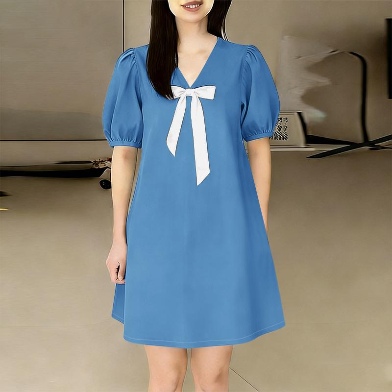 ZANZEA Women Bows Splice V-Neck Summer Casual Short Sleeve Dress S синий