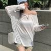 Loose Fit Off Shoulder Beach Cover Up Summer Women Sun Protection Shirt Cardigan Long Sleeve T-shirts Solid Color Loose Blouse Basic Sexy Clothing