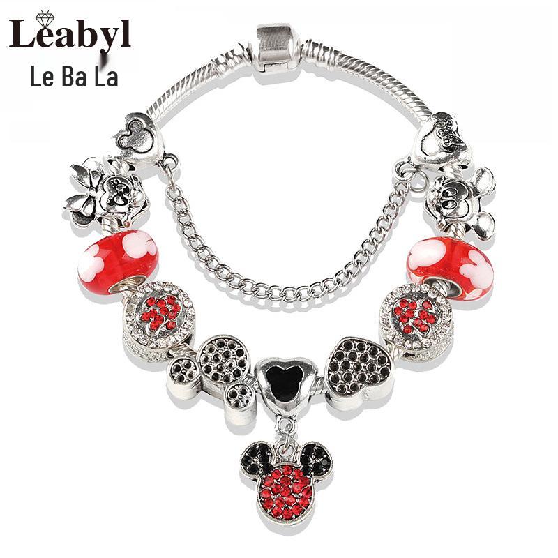 

Personalized Cartoon Mouse Charm Bracelet with Antique Silver Beaded Heart 21cm красный