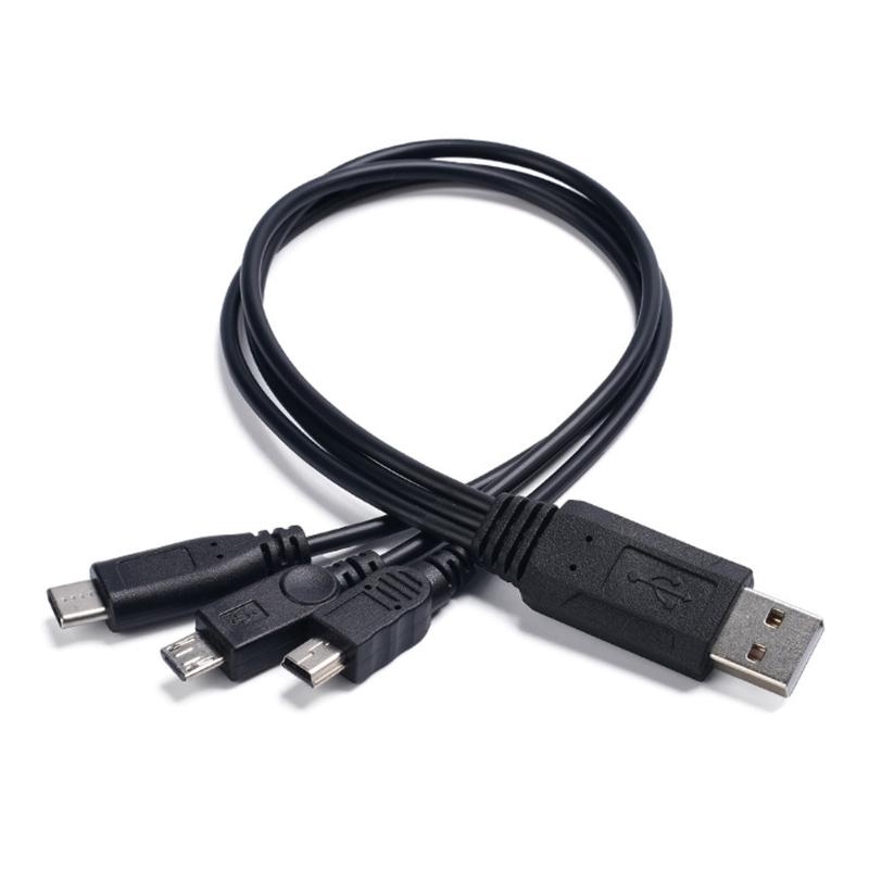 USB Charging Spliter Cable 3 in 1 Data Cord with Type C Tiny  USB & Mini 5P  Connectors 30cm Length for Fast Charging