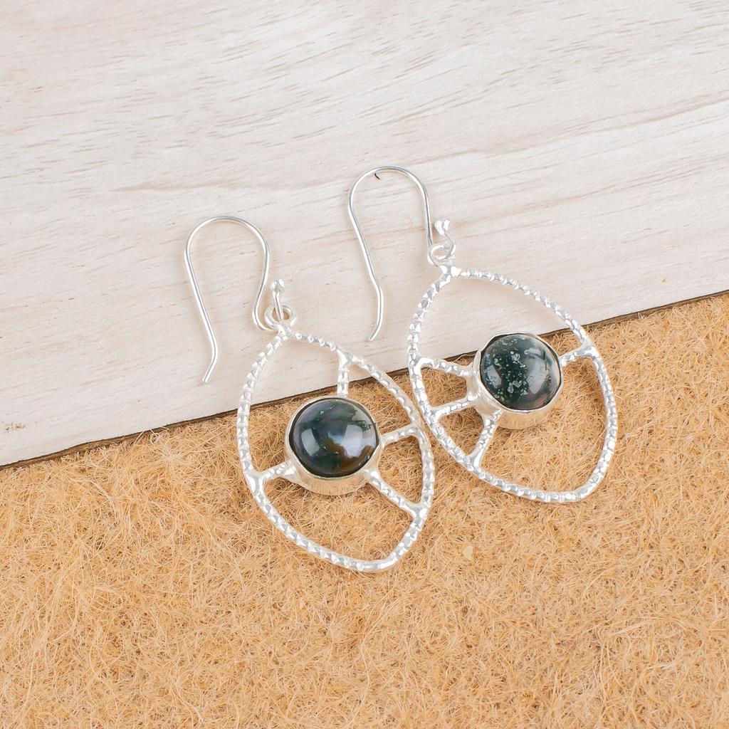 Natural Moss Agate Gemstone 925 Sterling Silver Jewelry Handmade Earrings 2.00" EE-52-33