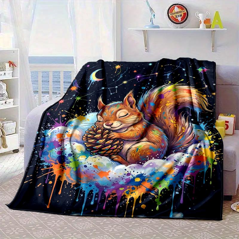 Squirrel Dreams Under Moonlight Blanket Flannel Blanket for Bed, Sofa, Camping, Hiking, Picnic Essentials, Gift for Family Fan Gifts
