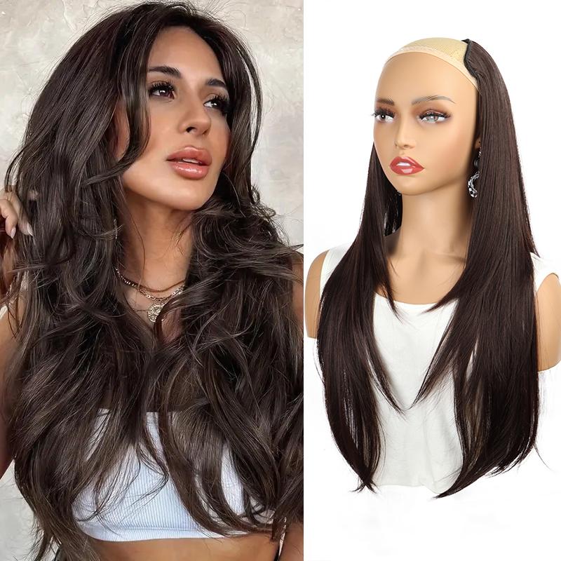 

22Inch Synthetic Long Straight Layered Clip-in Hair Extension V-shaped Black Blonde Invisible Hairpiece for Women 22inches&1pc
