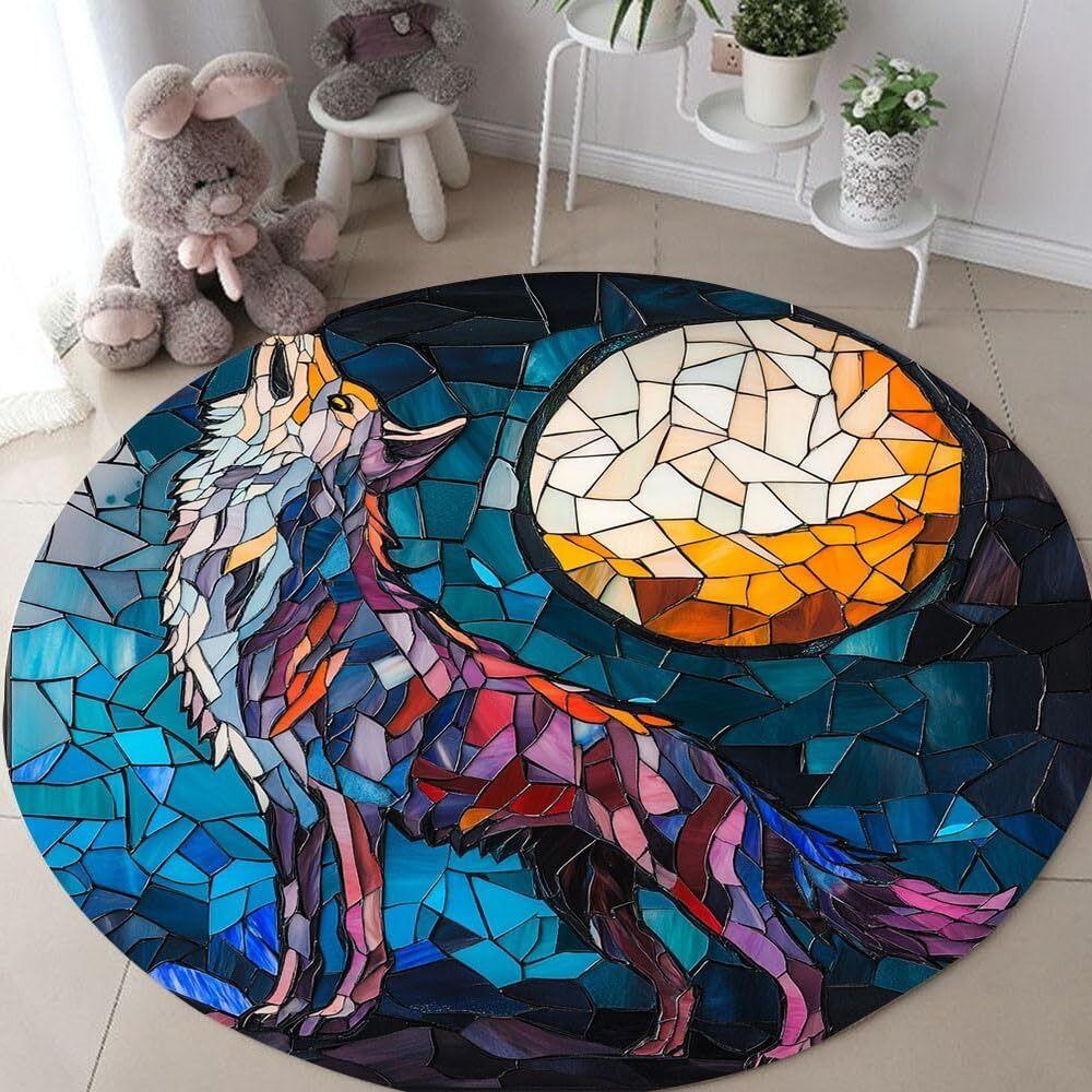 Wolf King Mosaic Glass Circular Carpet Moon Full Night Wolf Living Room Bedroom Retro Border Decorative Carpet Rug