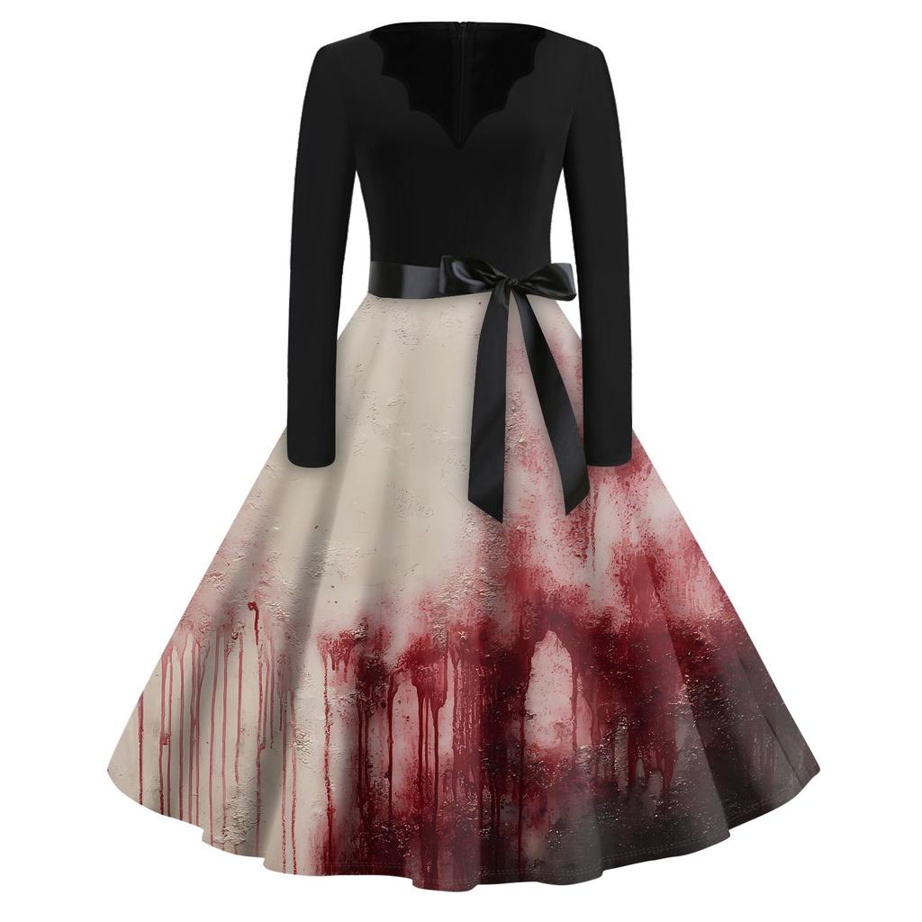 Halloween Print Flare Dress For Women Long Sleeve Dress Hollow Party Casual Dresses