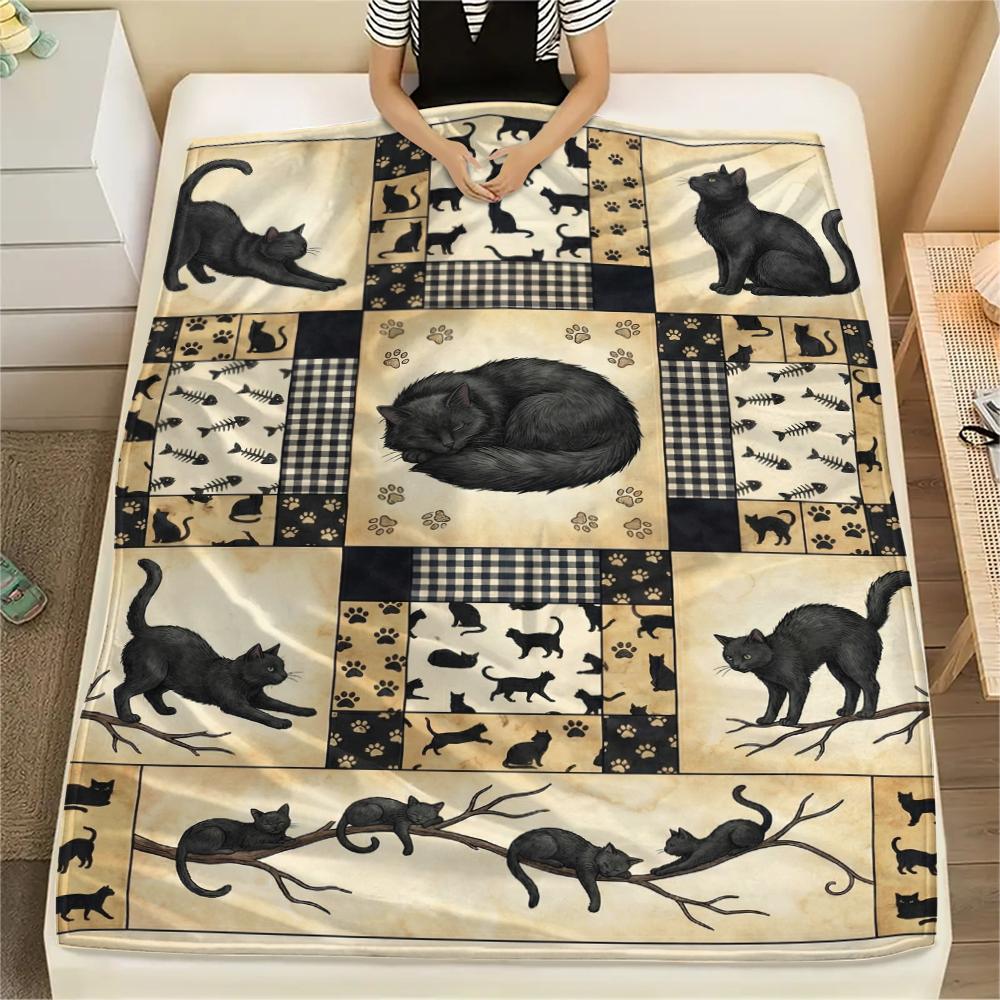1Pc Patchwork Cat Print Flannel Blanket, High quality Comfortable for All Seasons, Home Decor, Warmth and Comfort, Perfect for Christmas Gifts63