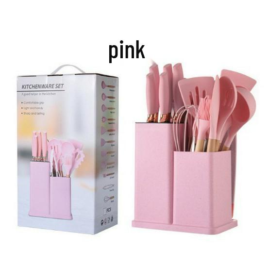 Spot Silicone Kitchen Utensil 19-Piece Non-Stick Set: Includes Spatulas, Spoons, Storage Bucket, and Knife Set.