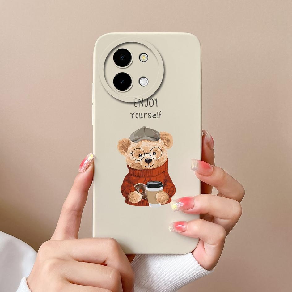 Cute Bear Cartoon Pattern Shell For Vivo T3x Y03 Y28 Y38 Y200i T3 X Cover Bumper Screen Protector Lens Protection Liquid Silicone Soft Phone Bags Case