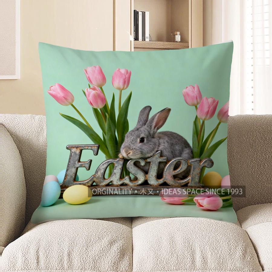 2D Easter Bunny With Tulips And Eggs Pillow Cover Pattern Cushion Cover Suitable For Sofa Bedroom Car Pillow Cover 40x40cm 609₽