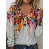 QICED אופנה נשים קז'ואל הדפס צבע אחיד צווארון וי שרוול ארוך חולצות
