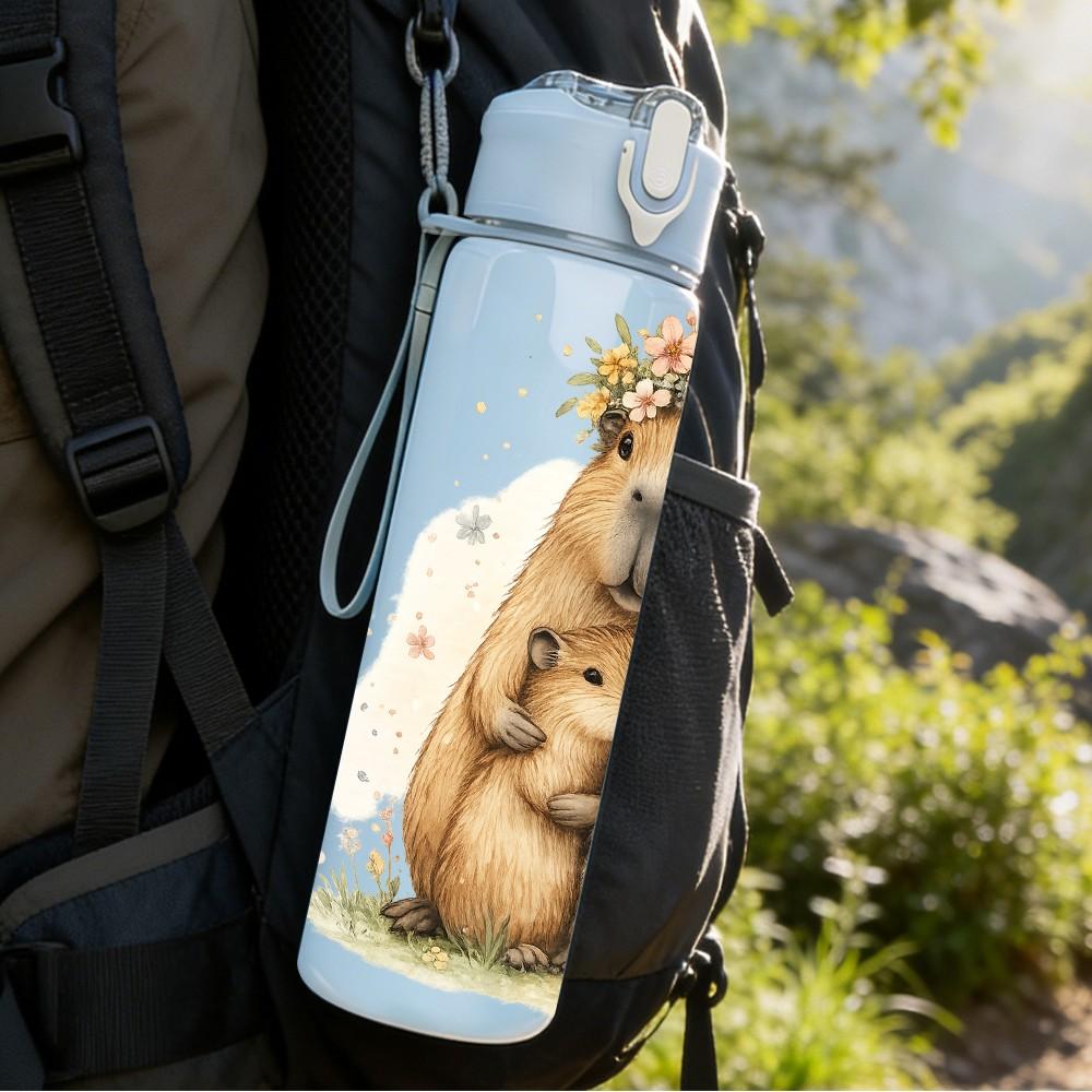 1PC Cute Capybara Flower Cartoon Print 750ml Color Plastic Sports Water Bottle Leakproof Flip Straw Lid Suitable for Sports Office Home Use