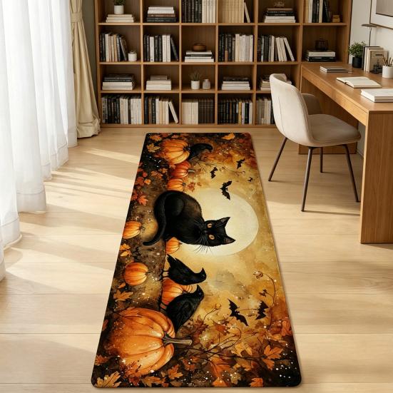 Yousheng Halloween Kitchen Rug, Pumpkin Bat Black Cat Non-slip Floor Mat, Spooky Entrance Rug, Festive Decorative Rug for Bedroom Living Room
