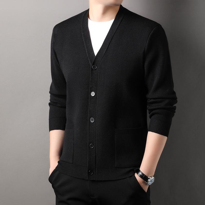 Men's Knitted Cardigan Coat Spring and Autumn V-neck Solid Color Top Real Pocket Sweater Business Casual Outdoor Sweater