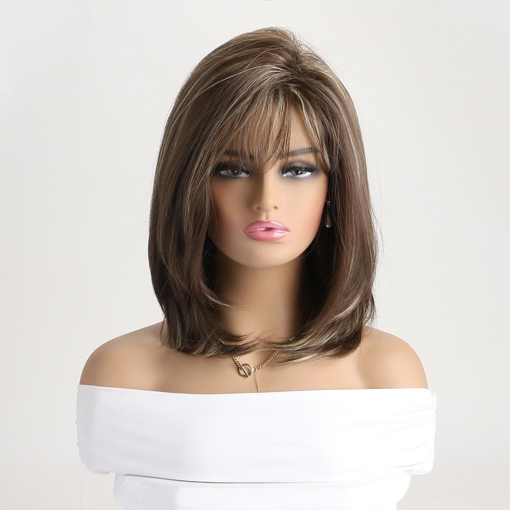 Women Medium Length Wave Hair with Bangs Synthetic Mixed Blonde Brown Wigs for Daily Cosplay Heat Resistant Fibre