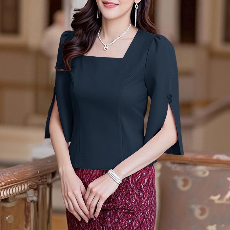ZANZEA Women Elegant Square Neck Casual Split 3/4 Sleeve Plain Blouse