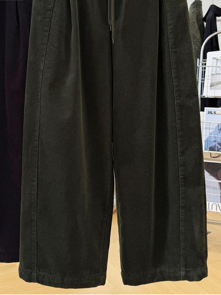 Women's Wide-Leg Corduroy Pants - Elastic Waist, Velvet-Lined, Casual Straight Cut for Autumn/Winter.