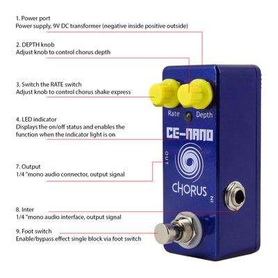 Guitar Chorus Pedal Electric Guitar Effects Pedal True Bypass Zinc Alloy Shell DC 9V 6.35mm Input Output Interface Rate