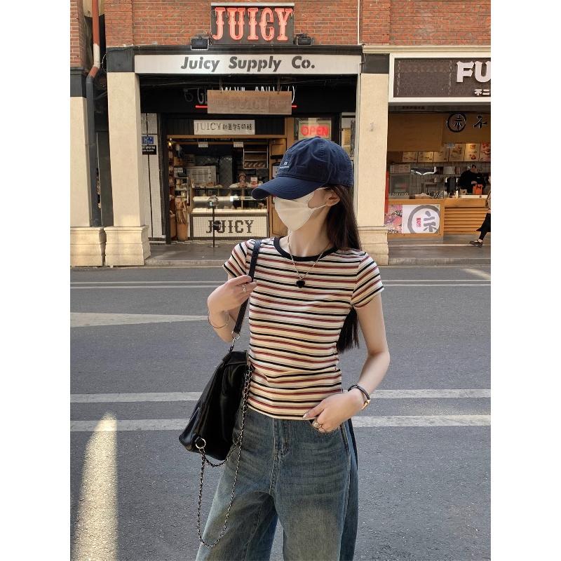 2026 Summer New Style Contrast Color Striped Short Sleeve T-Shirt for Women, Slim Fit and Versatile Top