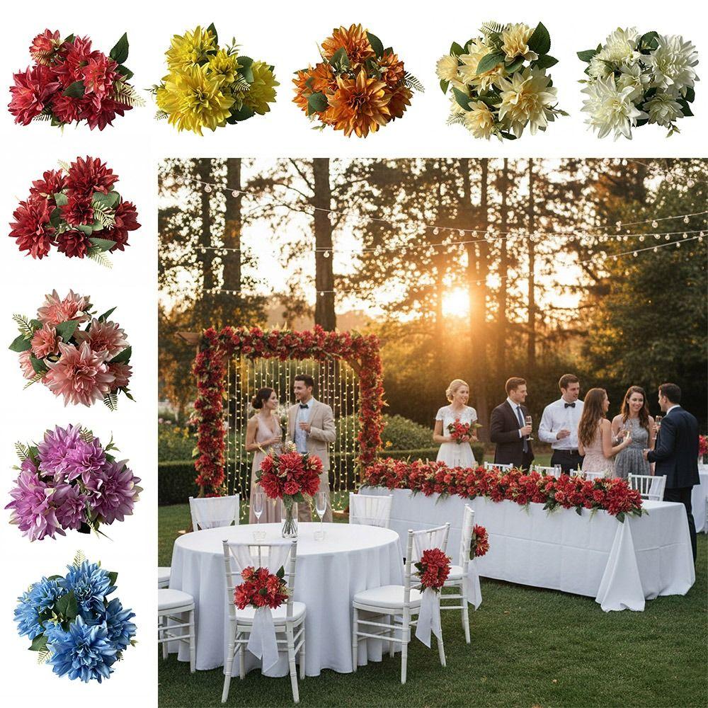 Dahlia Rose Daisy Artificial Flowers Green Leaves Multicolor Simulation Flower Silk Petals DIY Faux Flower Room Decoration