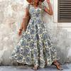 Women Vintage Printed V Neck Waist Cinched Maxi Dress Short Sleeve Casual Boho Style Summer Long Dress