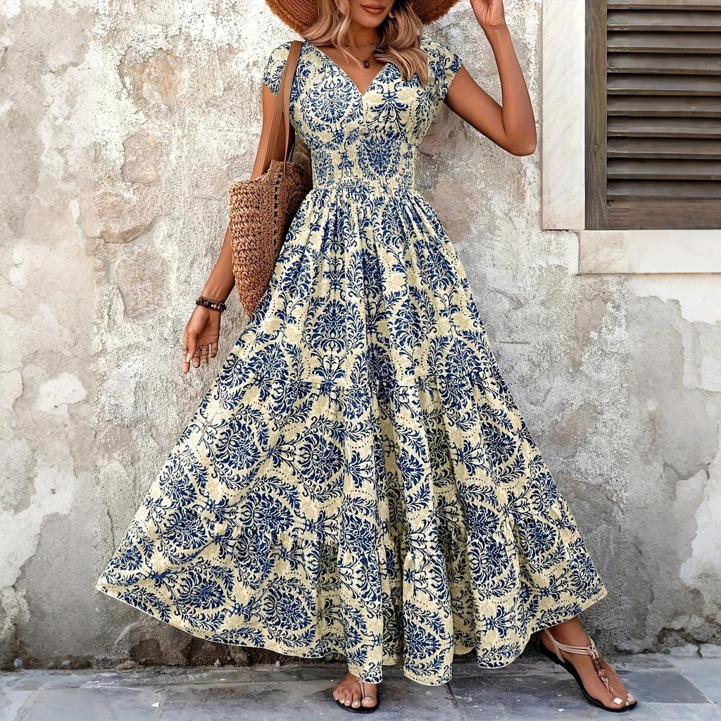 Women Vintage Printed V Neck Waist Cinched Maxi Dress Short Sleeve Casual Boho Style Summer Long Dress