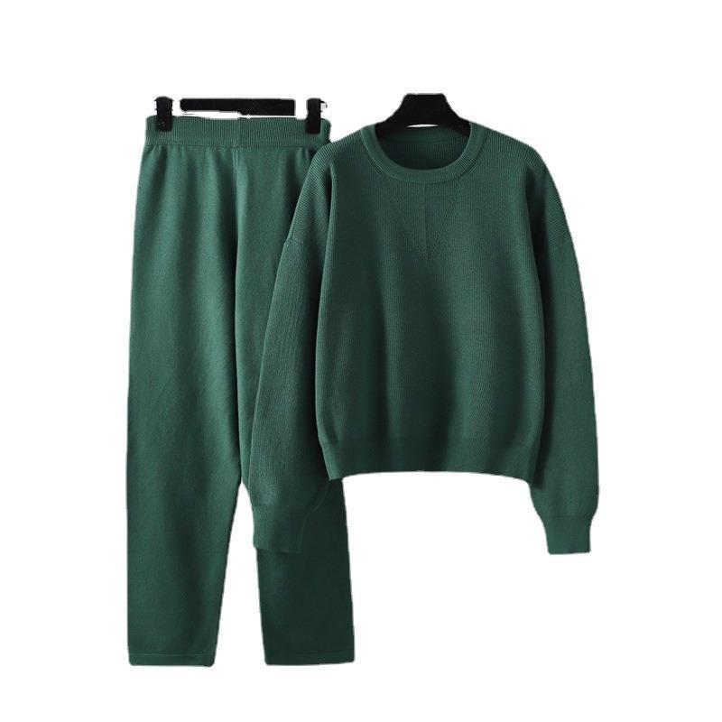 Autumn and Winter Large Size Fashion New Loose Casual Sweater Two-piece Set Solid Color Knitted Suit Female Trend