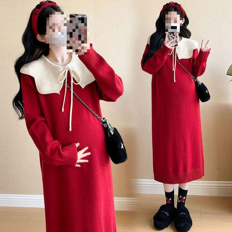 Maternity Woolen Dress Skirt Set - Autumn/Winter Plus Size for Expecting Mothers XL