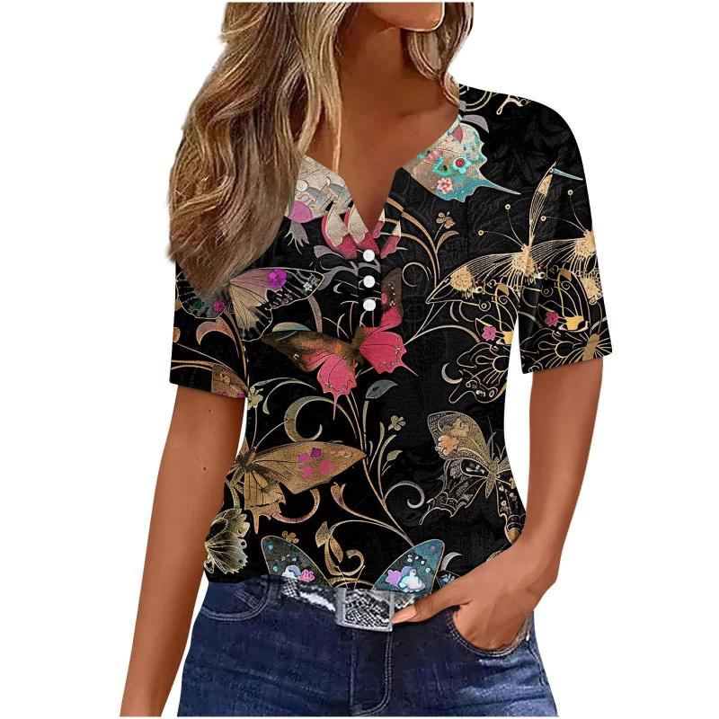 Summer Fashion 2026 New Women's Clothing 3D Butterfly Print V-Neck Three-Button Short Sleeve T-Shirt