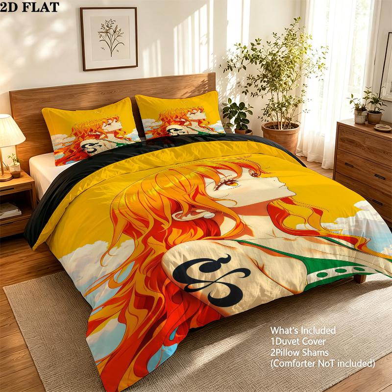 Nami Pattern Bedding Quilt Set Quilt Cover Pillowcase Home Birthday Gift(1 * Duvet Cover + 2 * Pillowcase, Without Core)