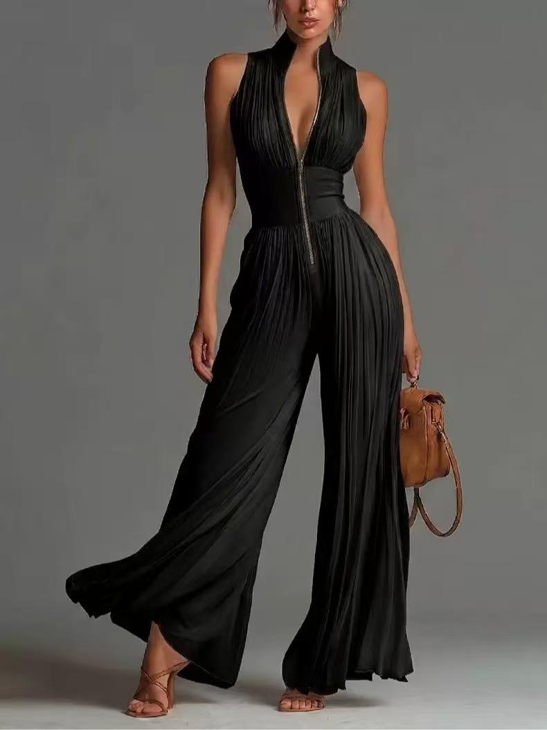 2026 Europäischer Stil Damen Bedruckter Chiffon Gespaltenes Neckholder Falten Bodycon Jumpsuit L schwarz