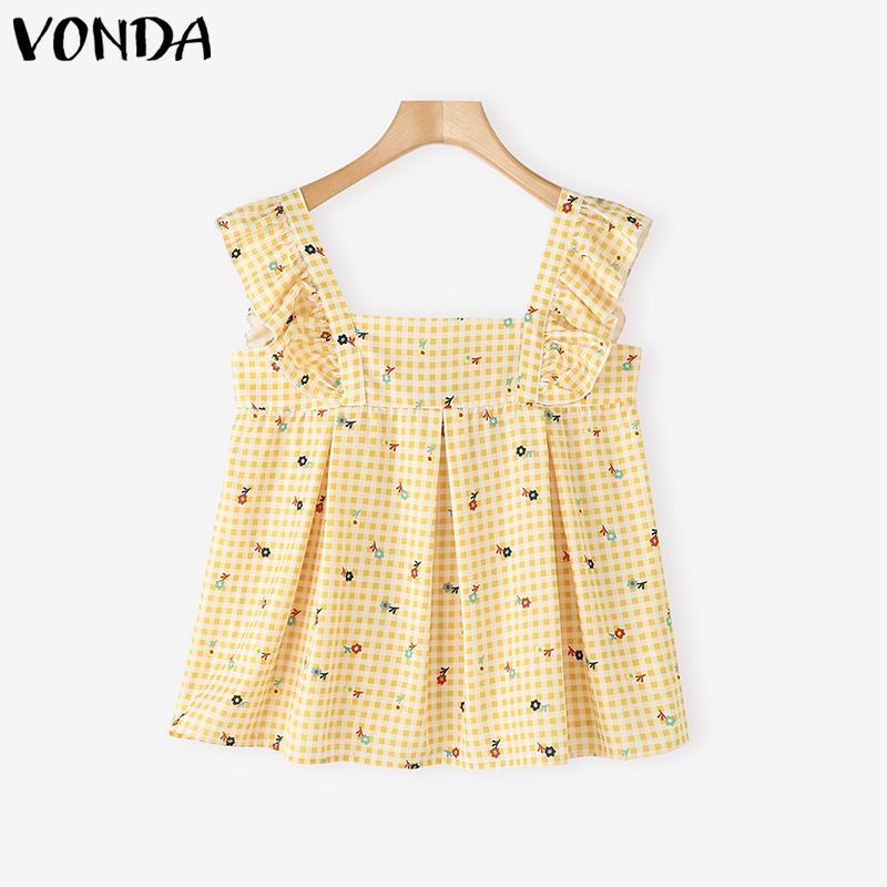 

VONDA Women Summer Ruffled Strap Sleeveless Floral Plaid Print Back Bow Casual Tank Tops L жовтий