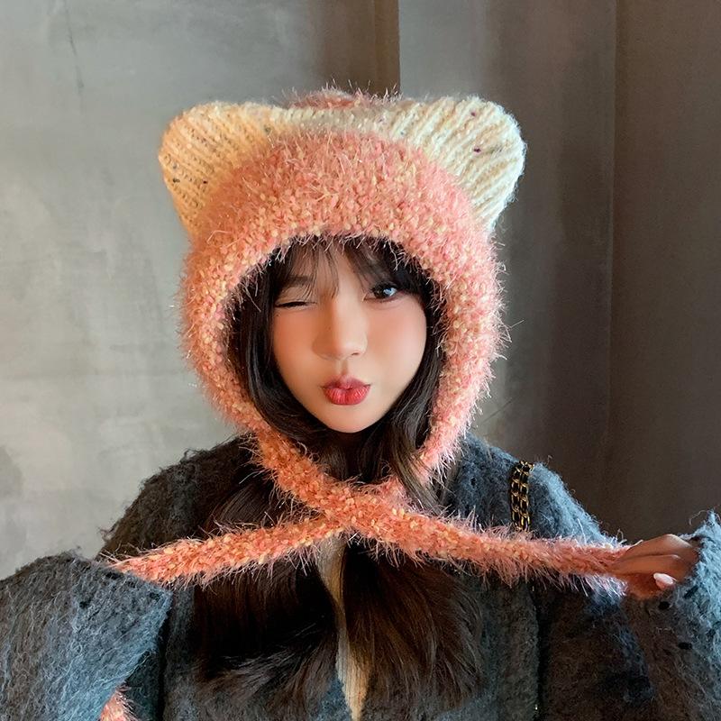 Plush Cute Cat Ear Hat Women's Winter Warm Ear Protection Pullover Hat Showing Face Small Versatile Fashion Knitted Wool Hat