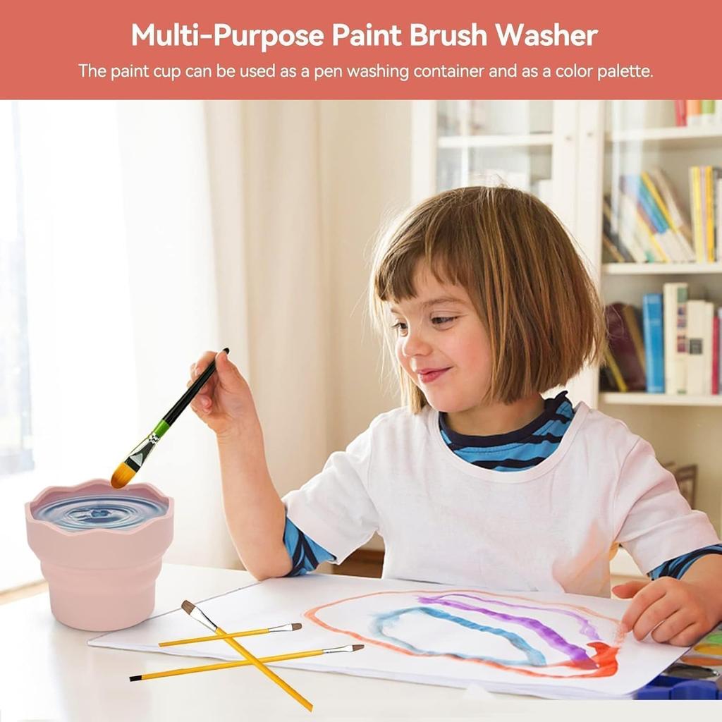 2Pcs Collapsible Paint Brush Washer, Brush Holder Cleaner Painting Water Cup Portable Silicone Washing Bucket for Watercolor Oil Painting(Pink)