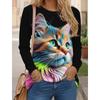Women's T Shirts 3D Print Art Design Cat Pattern Long Sleeve Daily Weekend Fashion Funny Round Neck Regular Fit Spring Fall