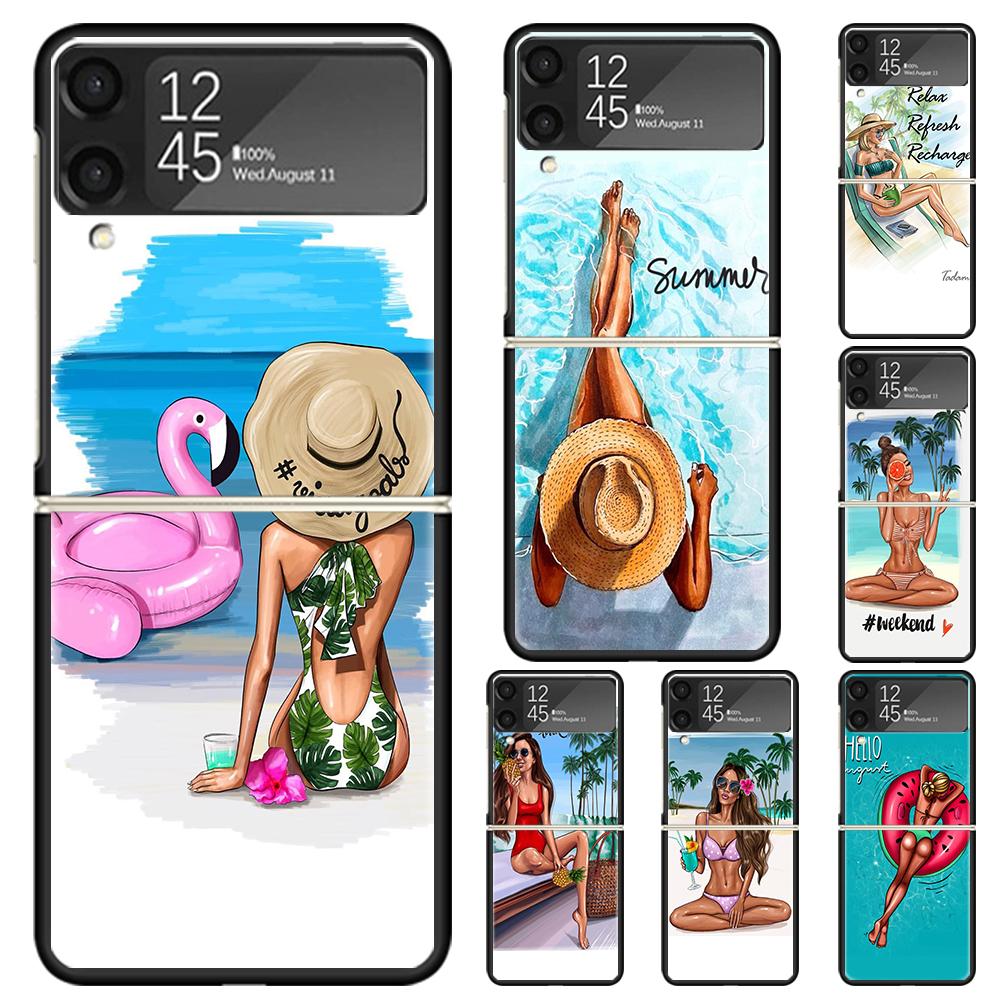 Girl Flamingo Summer Beach Hard PC Phone Case For Samsung Galaxy Z Flip 6 5 4 3 Black Cover ZFlip6 Flip5 Flip4 5G Foldable Print
