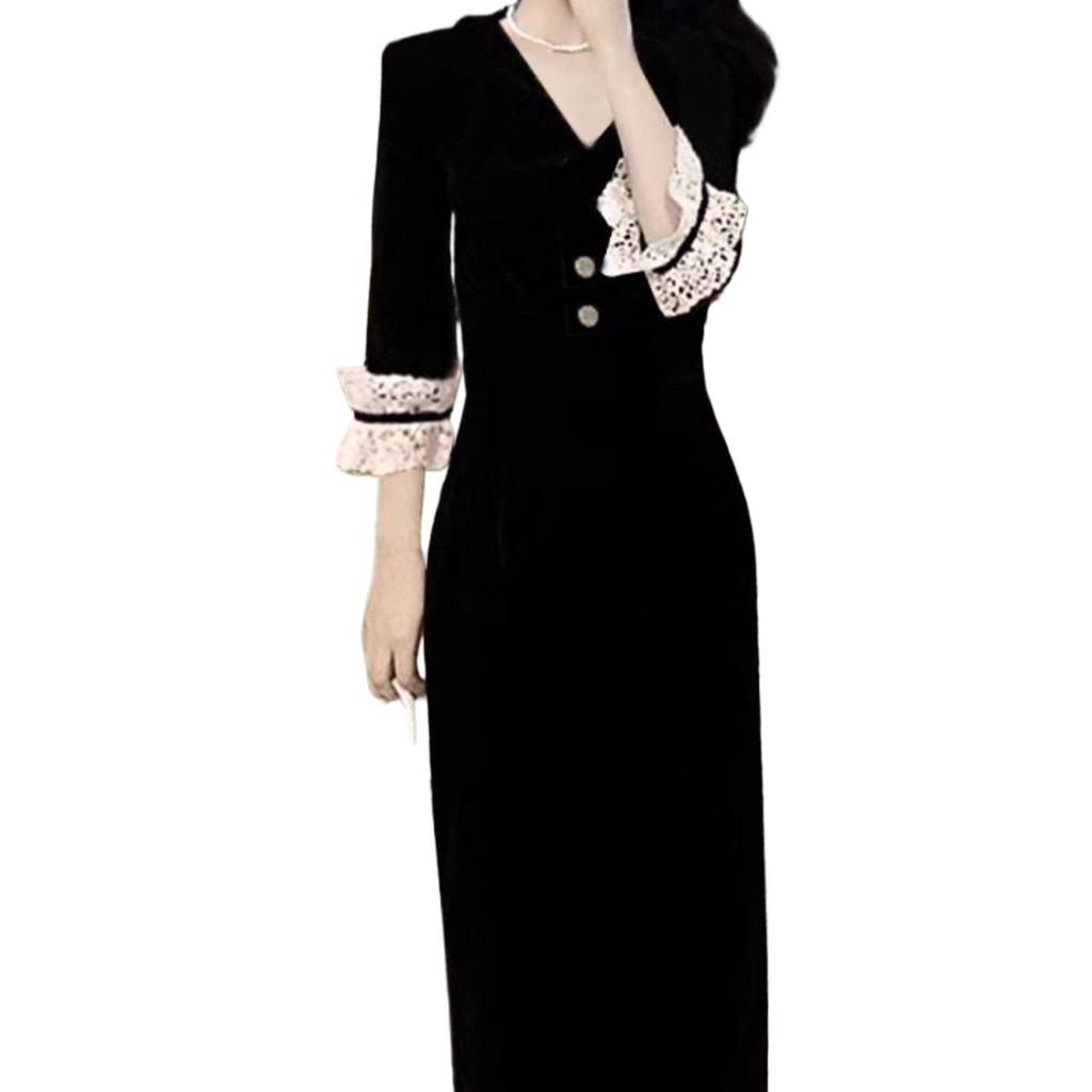 Hepburn-Inspired Black Velvet Dress: Waist-Hugging, Light Luxury, Niche Style for Women