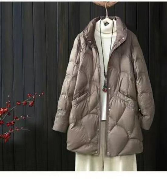 Women's Cross-Border Stand Collar Medium-Long Loose Down Jacket - White Duck Down, Light, Warm, Autumn/Winter, Xiangyun Style.